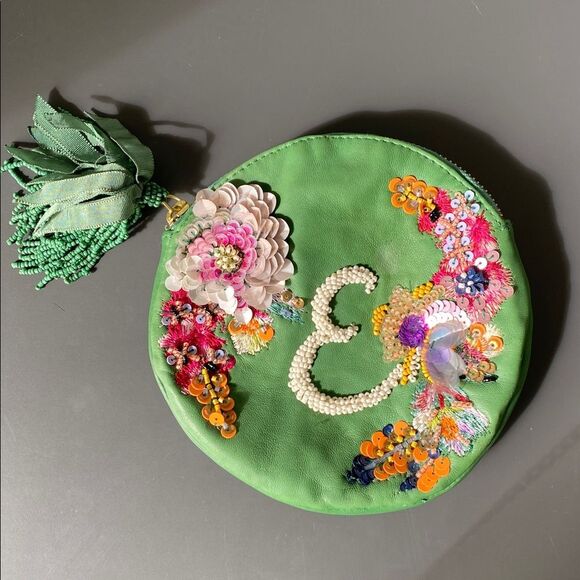 Anthropologie Monogram Green Floral Embellished Pouch NWT w/ defect Cottage Boho - Picture 1 of 11